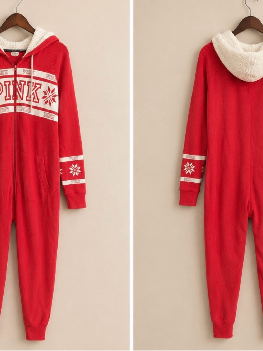 Victorias Secret PINK One piece Snow Flake Red Vintage Hooded Sherpa XS S